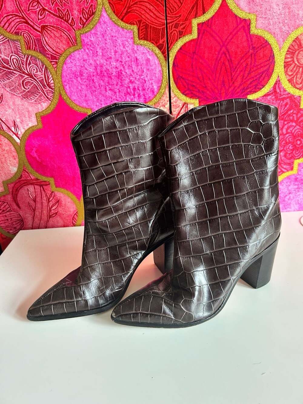 Schutz Dark Brown Croc-Embossed Pointed Toe Block Heel Ankle Boots
